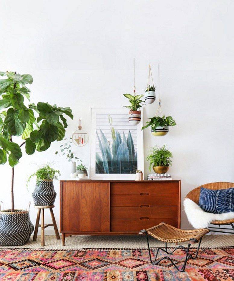 Espacio con plantas colgantes de pie y en macetero pequeño