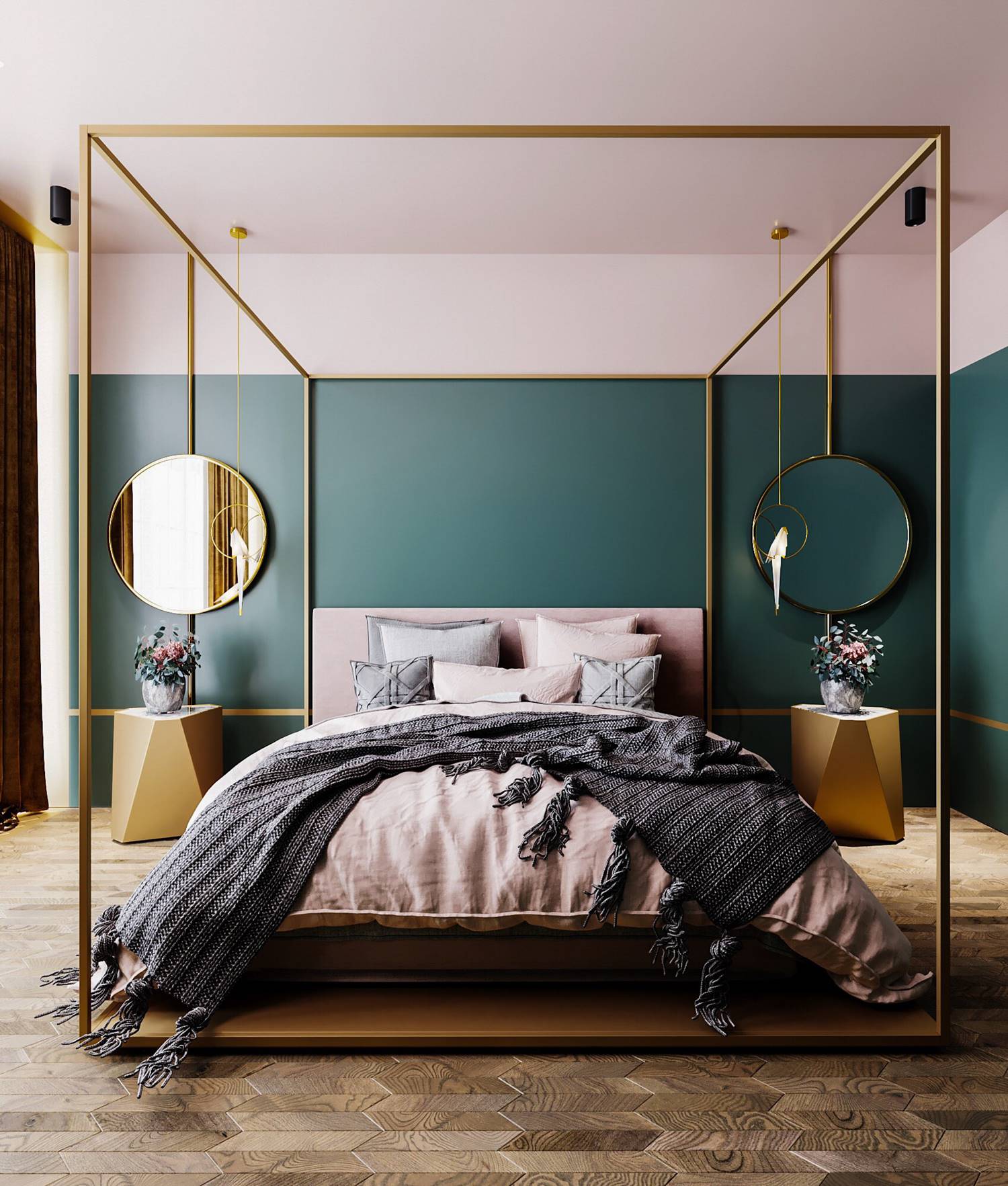 Dormitorio de diseño en combinación de colores verde y rosa