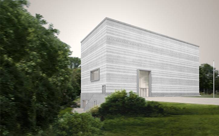 El museo ha sido diseñado como un cubo monolítico sentado sobre una base de hormigón