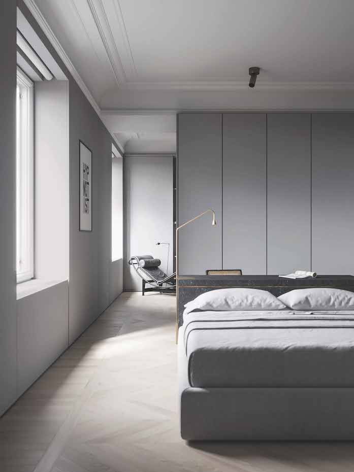 Dormitorio diseñado por Evgeniy Bulatnikov con cabecero de mármol Statuario