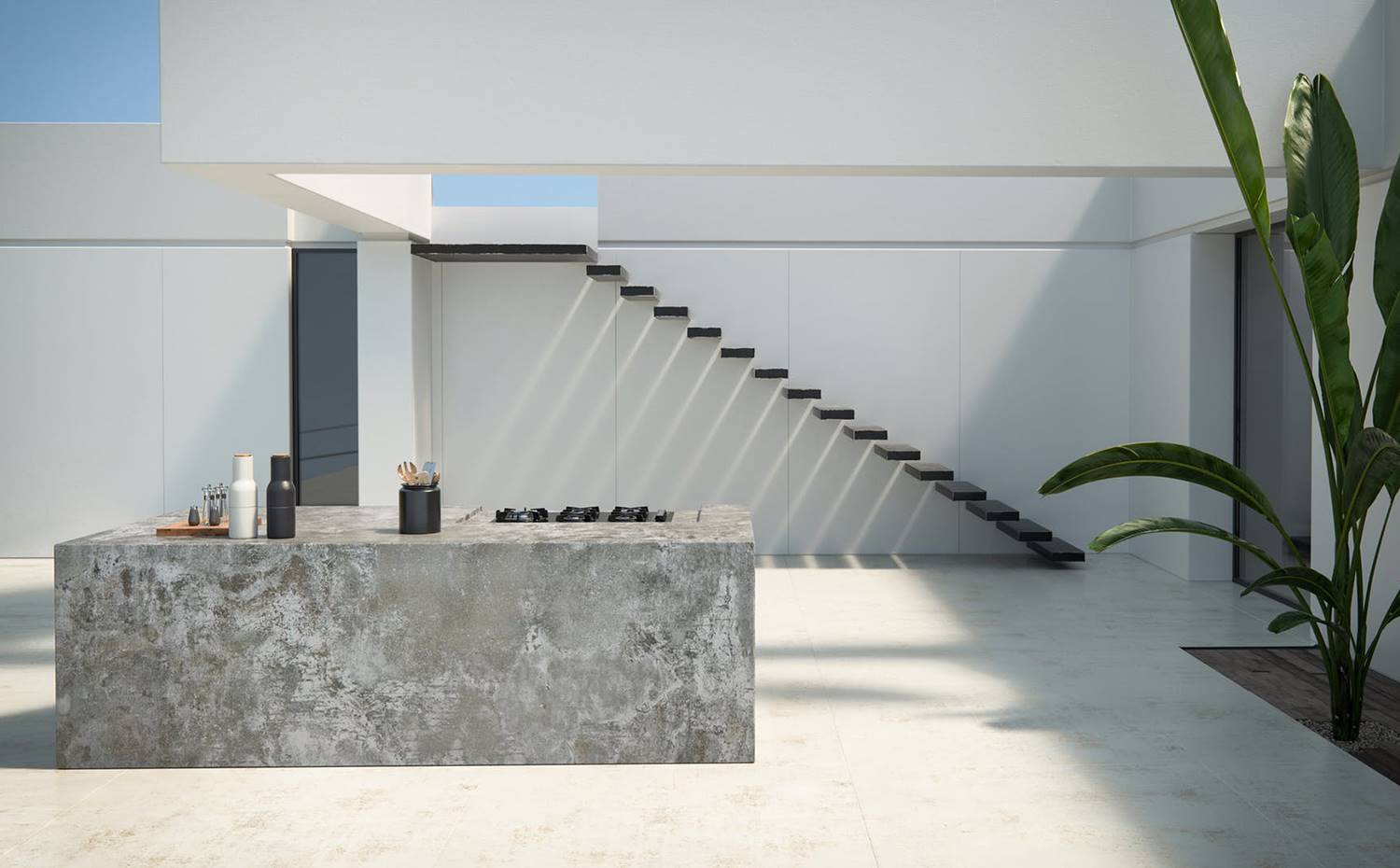 Brutalist Style. Cocina en isla revestida con la superficie ultracompacta Dekton Orix.