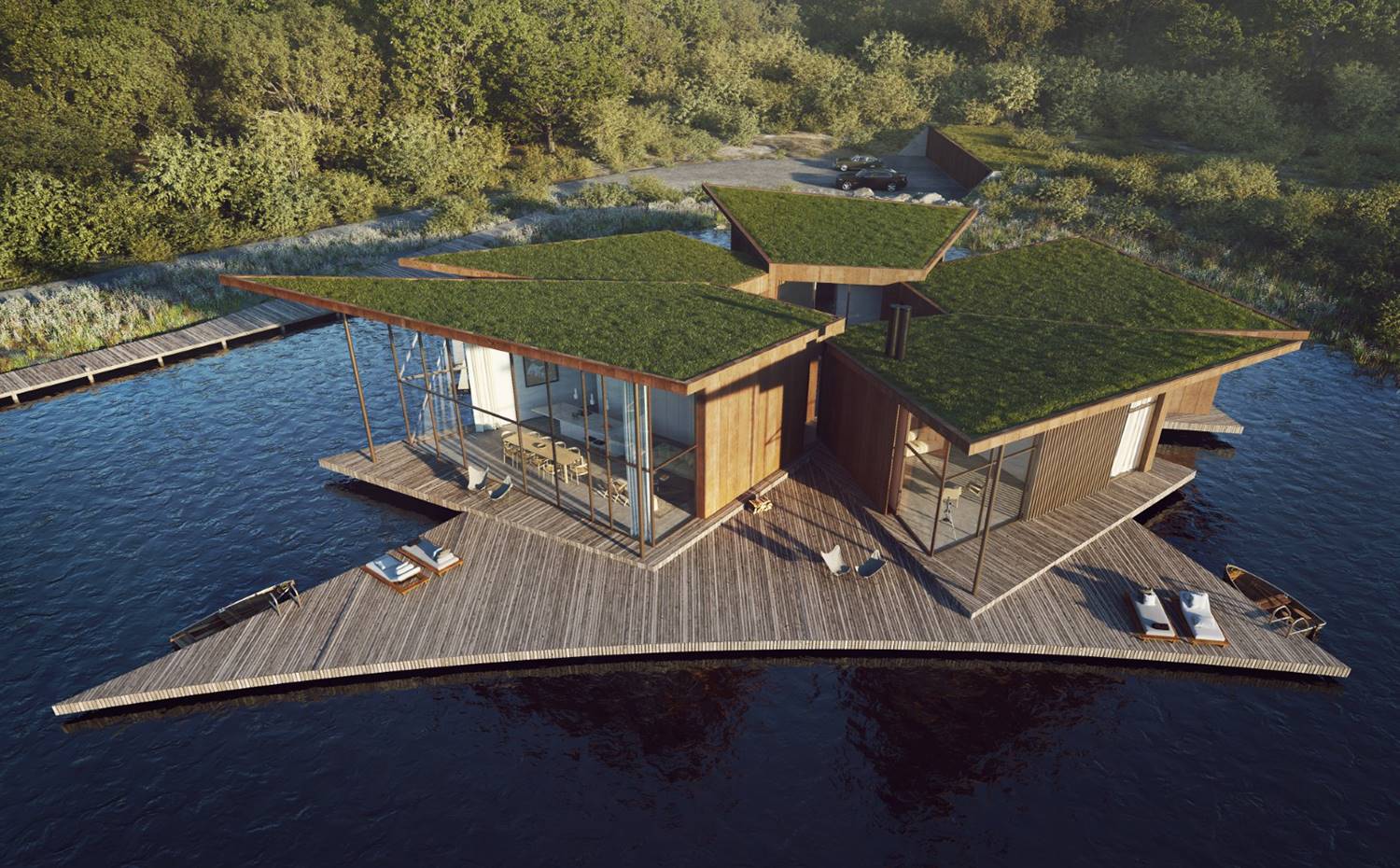 Cubierta ajardinada, entorno rural, exterior vivienda, plataforma de madera, mobiliario exterior . El edificio bebe de las influencias de su emplazamiento y se proyecta a partir de un enfoque contemporáneo, de planta radial, bajo el sello del estudio de arquitectos con sede en Winchester AR Design Studio.  