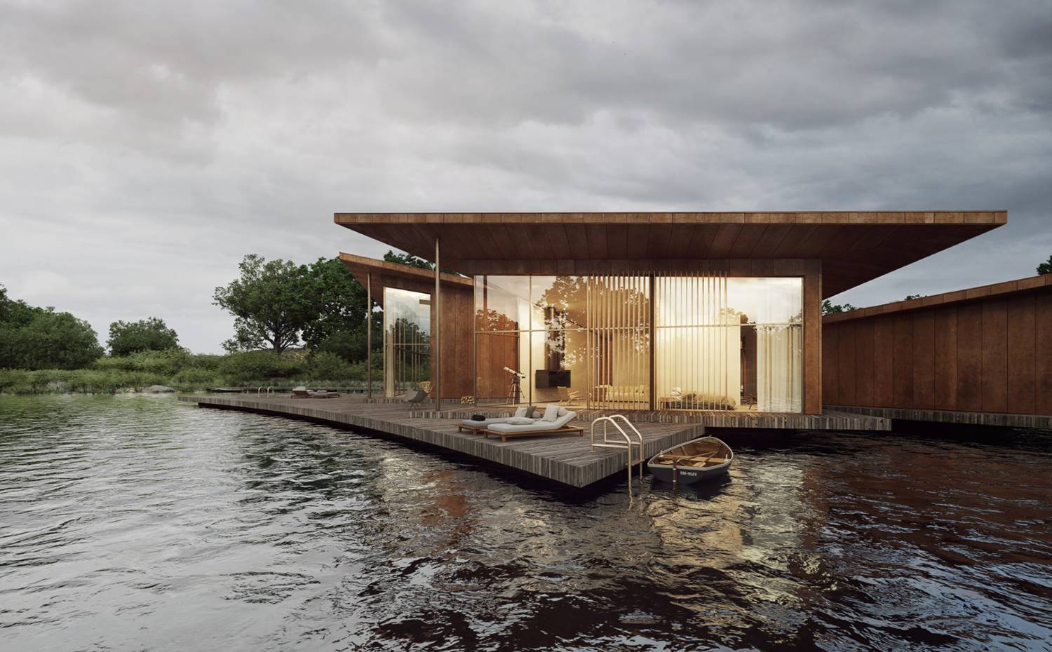 Exterior de la vivienda, hamacas junto estanque, embarcadero, cerramiento acristalado. La vivienda parece flotar sobre el agua, expandiéndose a través de su plataforma de caña y abrazando el exterior con un contacto visual (casi)permanente entre interior y exterior.