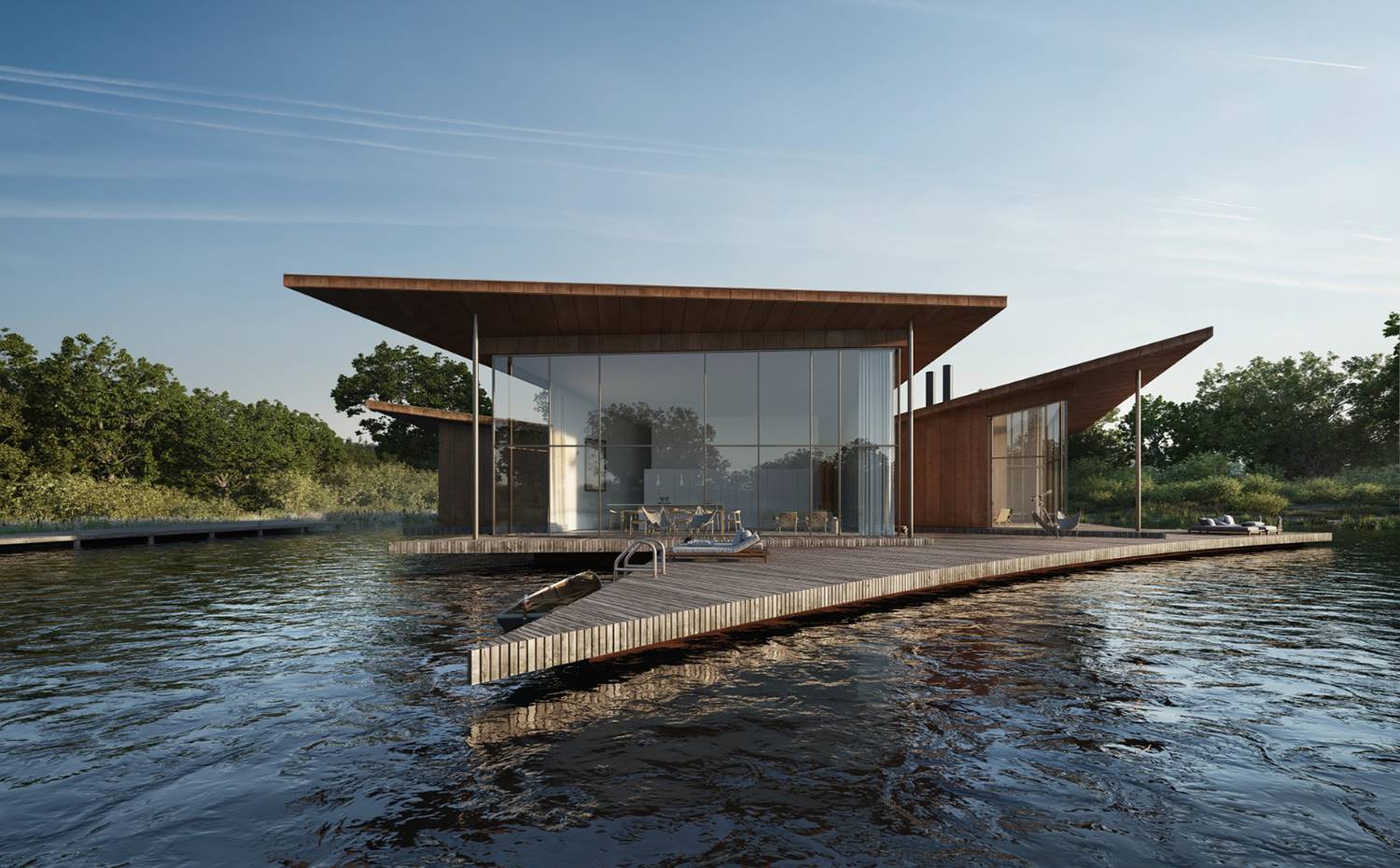 Exterior vivienda, entorno rural, estanque con embarcadero, cubierta voladiza. Frente a la zona de día, una plataforma flotante se extiende de forma triangular sobre el estanque haciendo las veces de zona de descanso, apto para el baño y embarcadero donde dejar amarrada un pequeño bote.