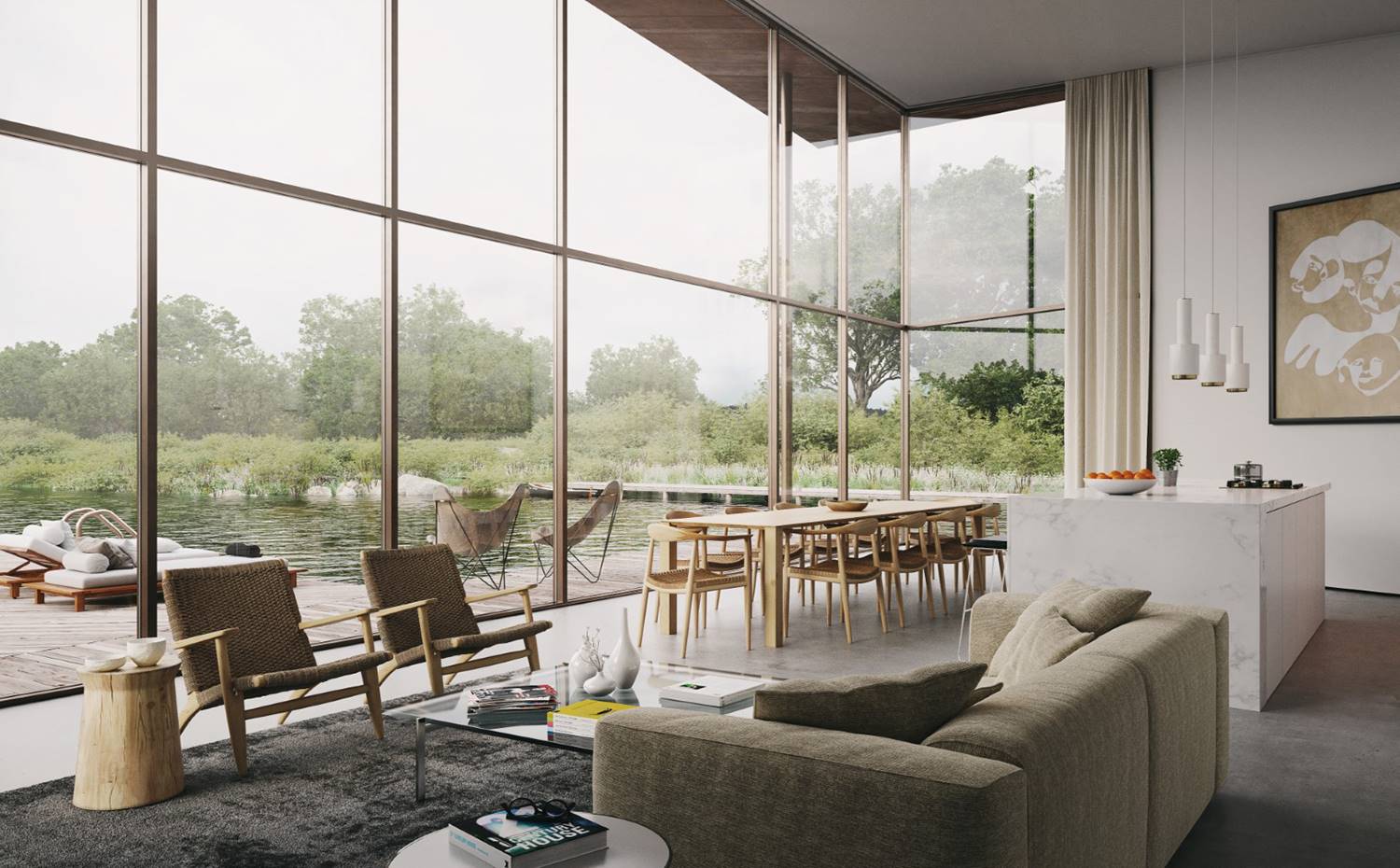 Zona de día, salon-comedor y cocina integrados, isla de trabajo, cerramientos acristalados, vista exterior vivienda. El salón, el comedor y la cocina integrada en isla comparten un mismo espacio diáfano de gran altura cuyo protagonismo se lo lleva el paisaje exterior que incide con fuerza a través de sus grandes cerramientos acristalados. 