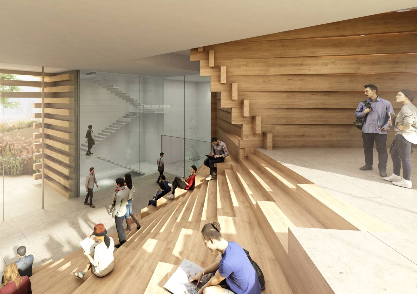 Interior del OMM donde se puede apreciar la unión entre cristal y madera, así como el juego de niveles ideado por Kengo Kuma