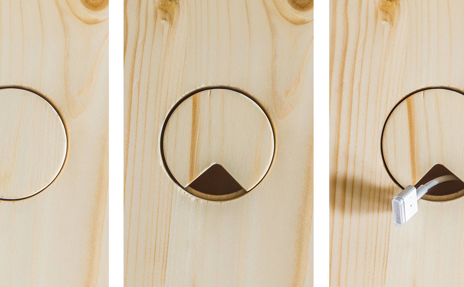 Detalle mesas acceso cables. Acabados que forman parte del mobiliario hechos a medido en madera de pino por parte de los autores del proyecto.