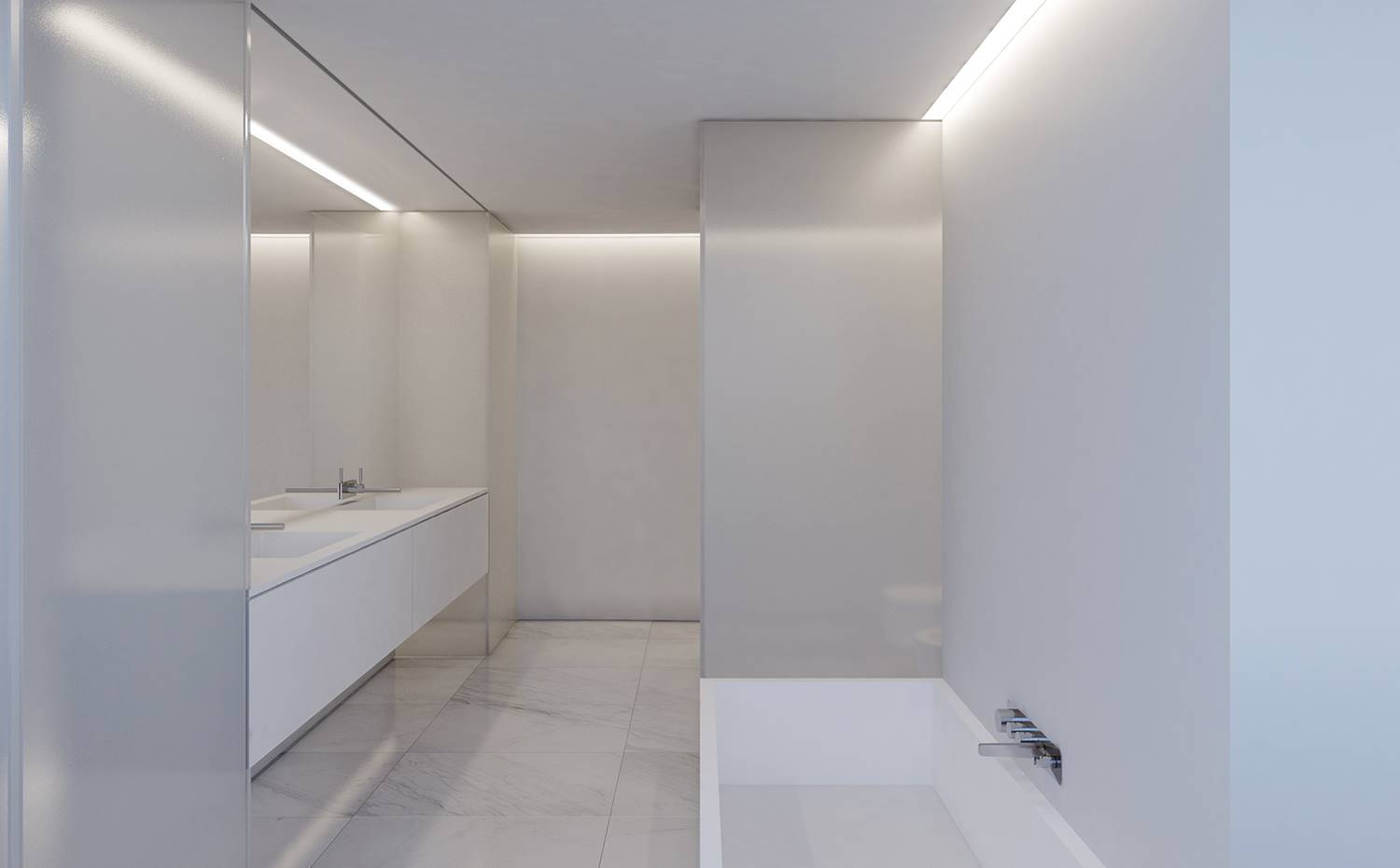 Cuarto de baño con divisiones en cristal translúcido, mobiliario blanco, revestimiento marmol blanco. El interior de la vivienda se mantiene brillante y minimalista, como este cuarto de baño con cerramientos translúcidos y acabados en marmol blanco.