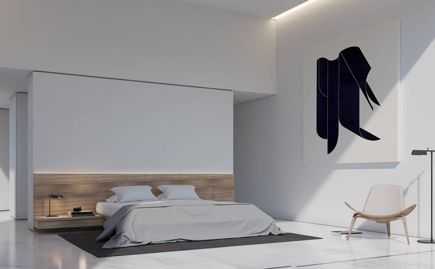 Interior dormitorio, cama tipo tatami, cabecero madera con mesilla integrada, butca blanca. Los dormitorios se sitúan en el segundo volúmen de la casa, orientados hacia una zona boscosa con el fin de preservar la privacidad de sus propietarios. 