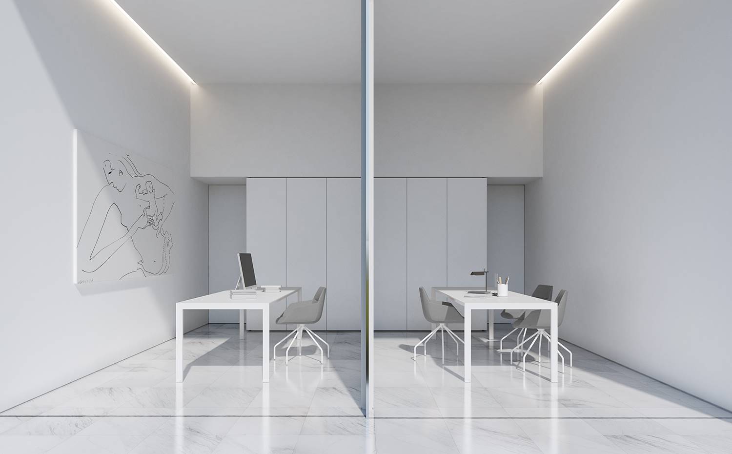 Zona de trabajo con dos mesas en paralelo, todo blanco, sillas grises. Allí donde convergen los dos volúmenes que dan forma a la vivienda se sitúa la zona de trabajo, equipada con piezas etéreas y neutras.