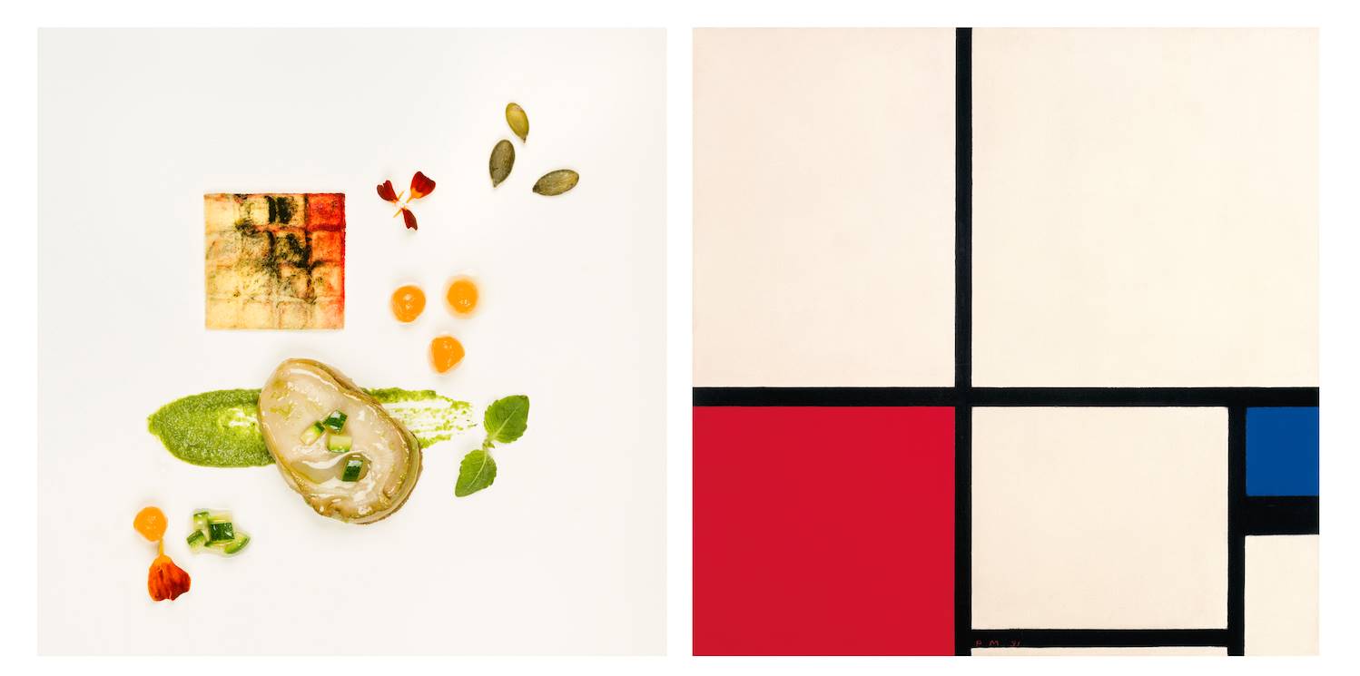 Juan Mari y Elena Arzak y Piet Mondrian. Composición de colores/ Composición nº1 con rojo y azul, 1931.