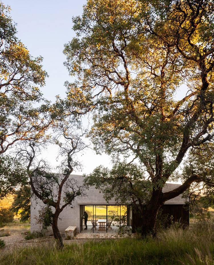 Árboles frenta a vivienda, cerramiento cristal corredero, estructura de madera. La piedra maciza empleada para construir está casa procede de una cantera cercana. El estudio de arquitectura PPAA quiso así reducir el impacto negativo al ambiente, transportando materiales a un lugar aislado.