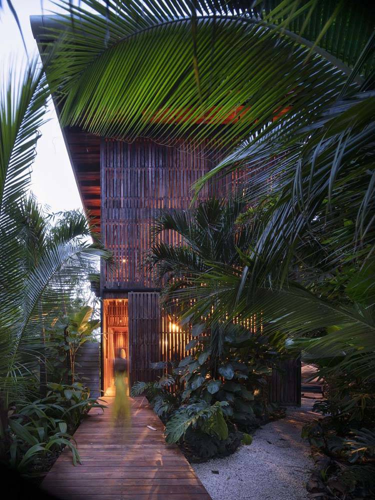 Pasarela de entrada a la vivienda, estructura alistonada rodeada de vegetación tropical. El arquitecto Tom Kundig, del estudio Olson Kunding, ha proyectado la vivienda en tres niveles con un acceso a modo de pasarela que se adentra entre la zona boscosa costarricense que la rodea.