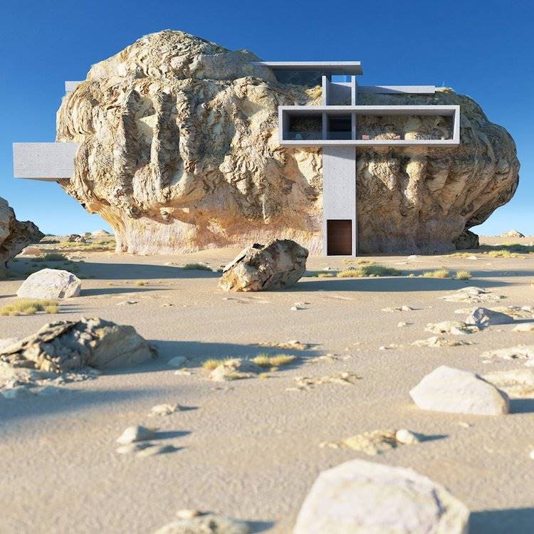 Vista desde uno de los lados de esta gran roca aislada que alberga en su interior una casa de esencia contemporánea.