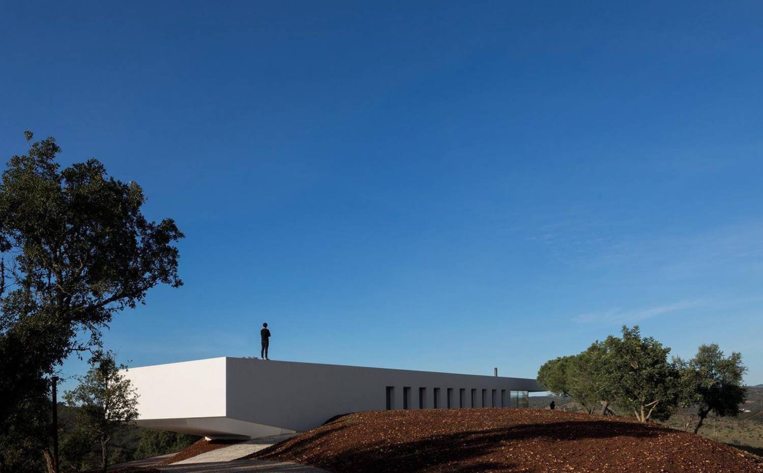 Lateral del edificio rectangular con una serie de ventanas en línea en la parte trasera. La fachada este de la vivienda cuenta con una serie de diez aperturas verticales de idéntico tamaño que favorecen la entrada de luz natural y vistas hacia el paisaje exterior. Son herencia recuperada de la construcción original que se erigió años atrás sobre el mismo terreno