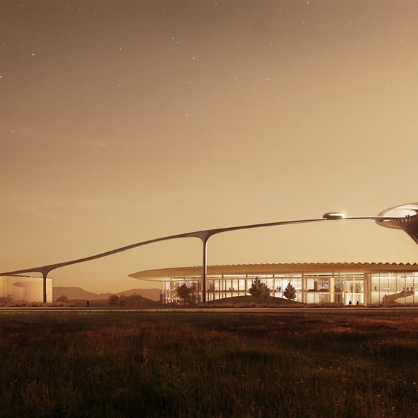 El campus está integrado por dos estructuras bajas y una torre comunicada por un raíl elevado