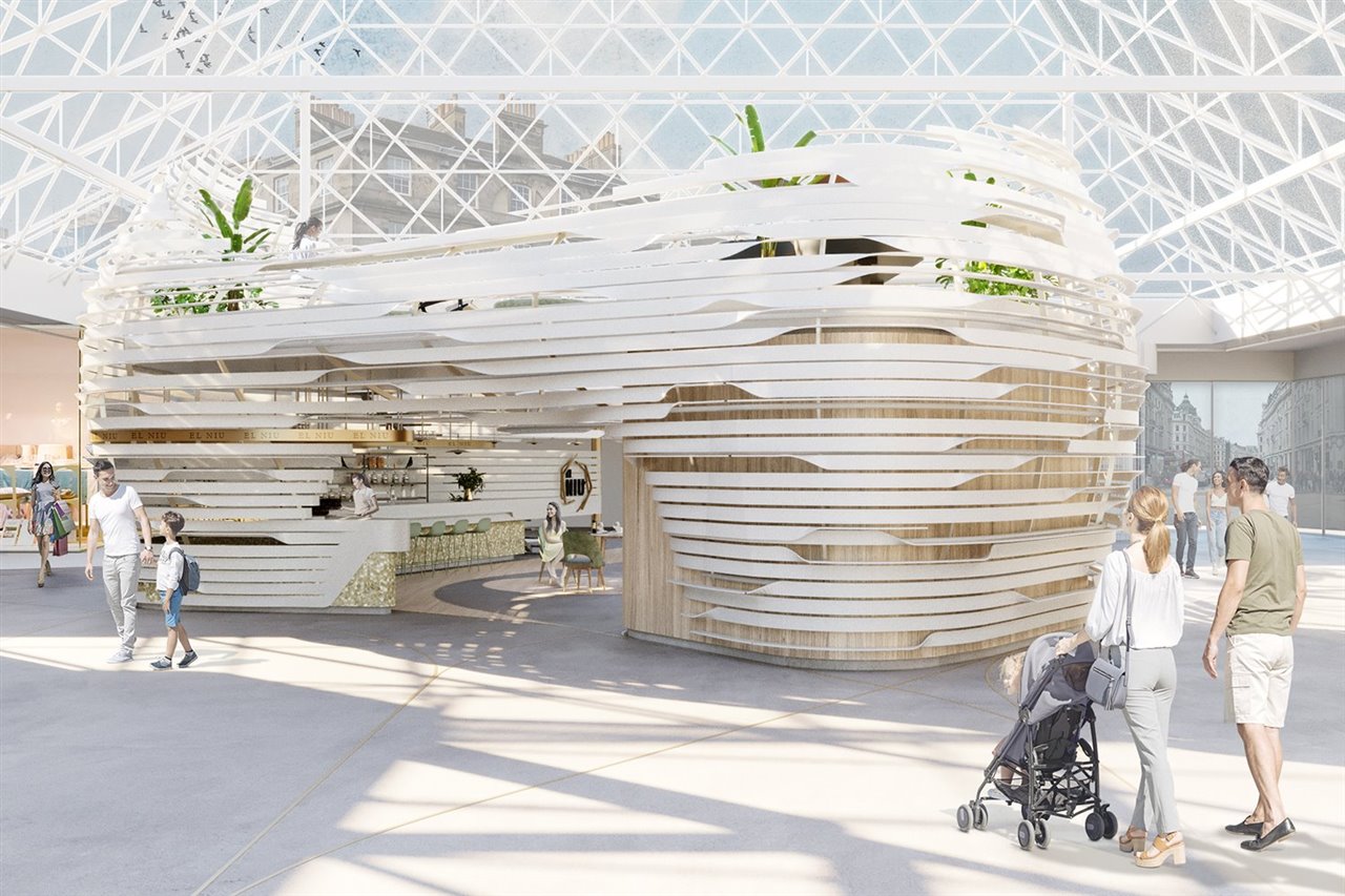 Propuesta de "food court" El Niu, de Cimbra Arquitectos, premio al mejor diseño de futuro en la categoría de profesionales