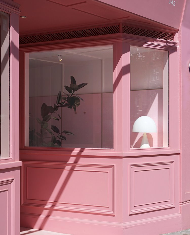 Estructura de madera de entrada en rosa, con parte superior de cristal transparente, vista interior de una planta y una lámpara blanca.