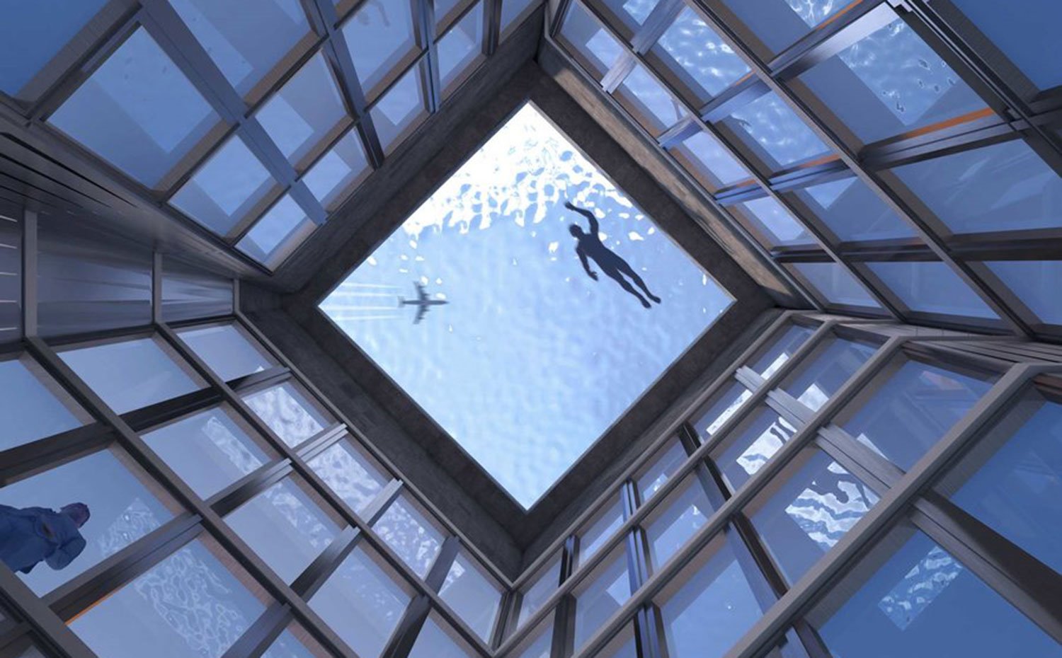 Vista desde el interior del edificio de la piscina infinita con la silueta de un nadador y un avión sobrevolando el cielo
