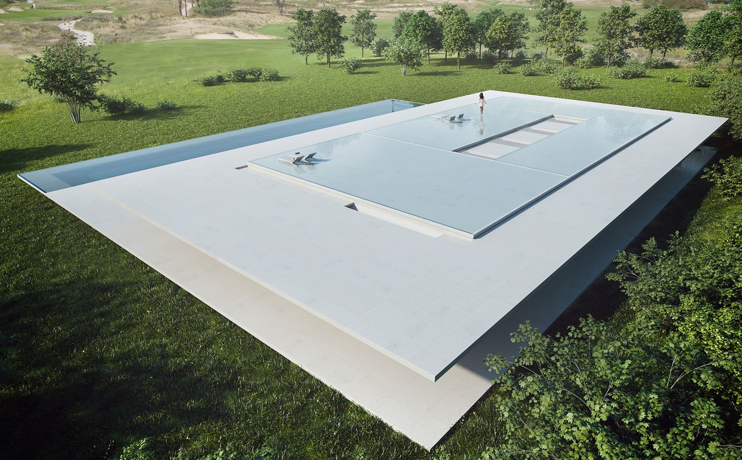 Cubierta de la vivienda con hamacas sobre una base de agua de forma rectangular