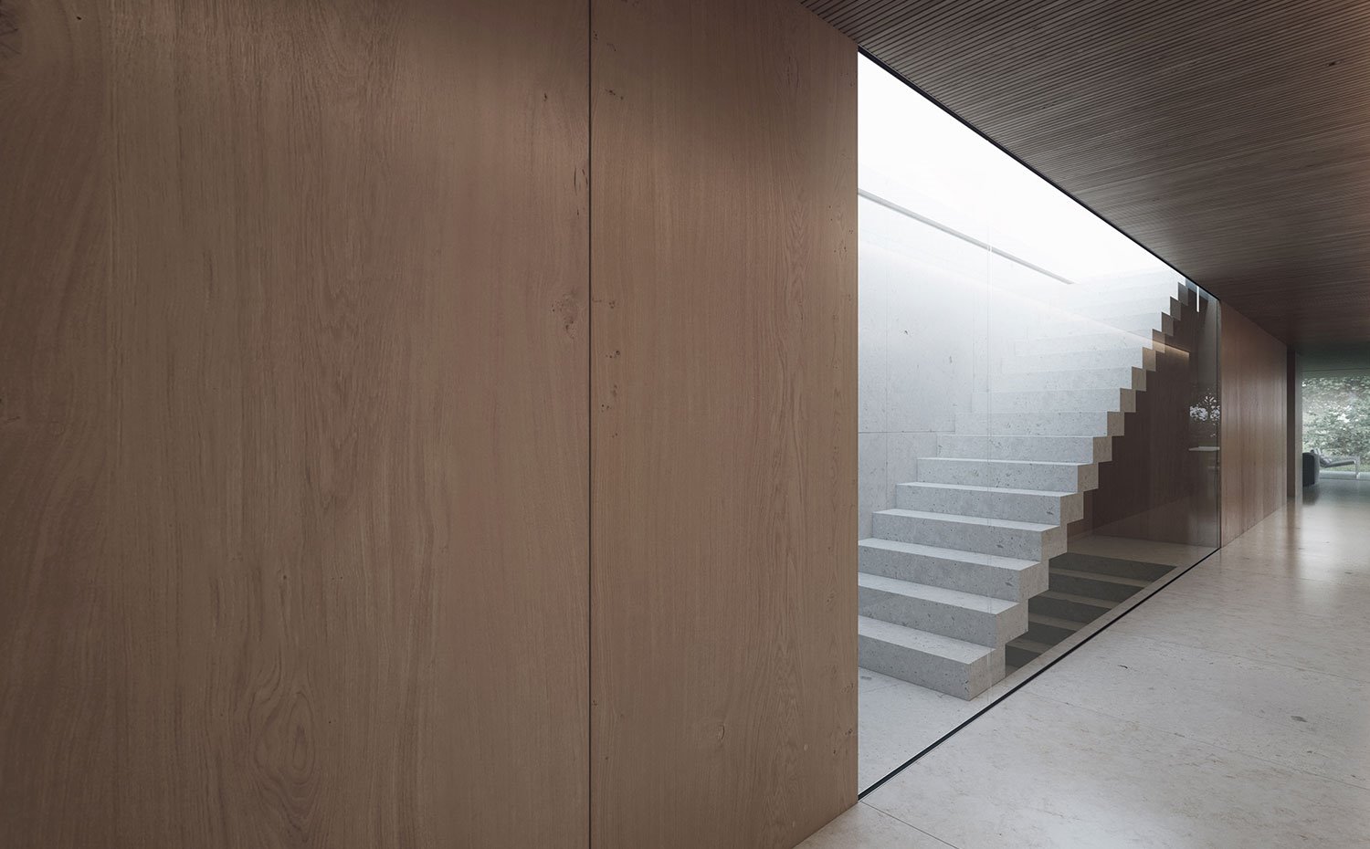 Escaperas de obra en mármol, tabique de cristal, cerramientos en madera