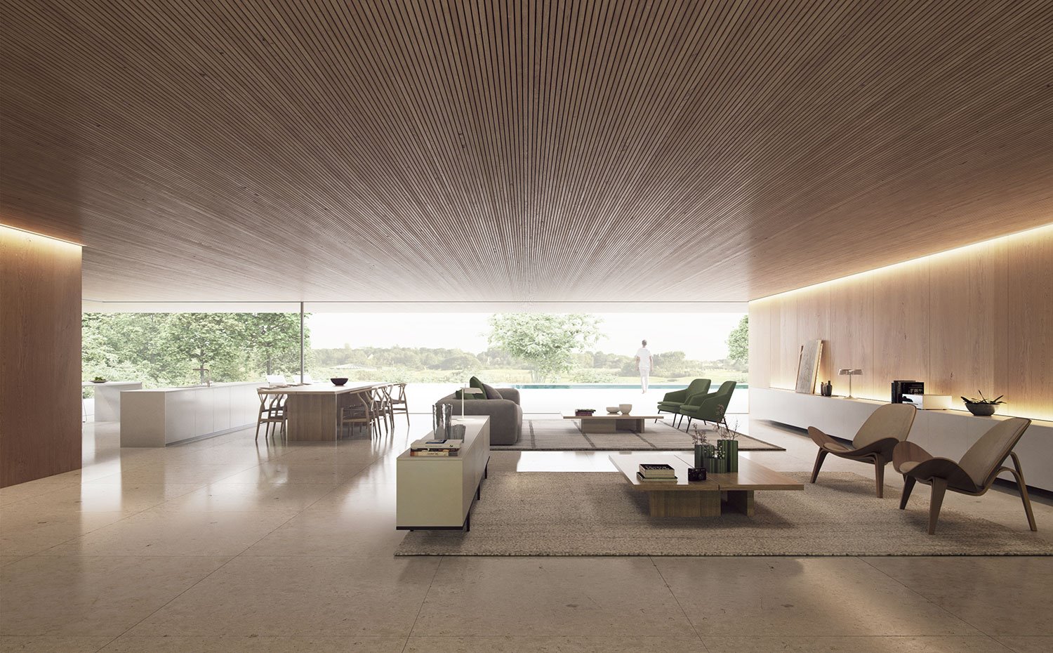 Salón con alfombras bajo mesas de entro y butacas de madera, mueble bajo suspendido en pared con iluminación indirecta, sofá gris, butacas verdes, módulo bajo blanco, mesa de comedor y sillas de madera