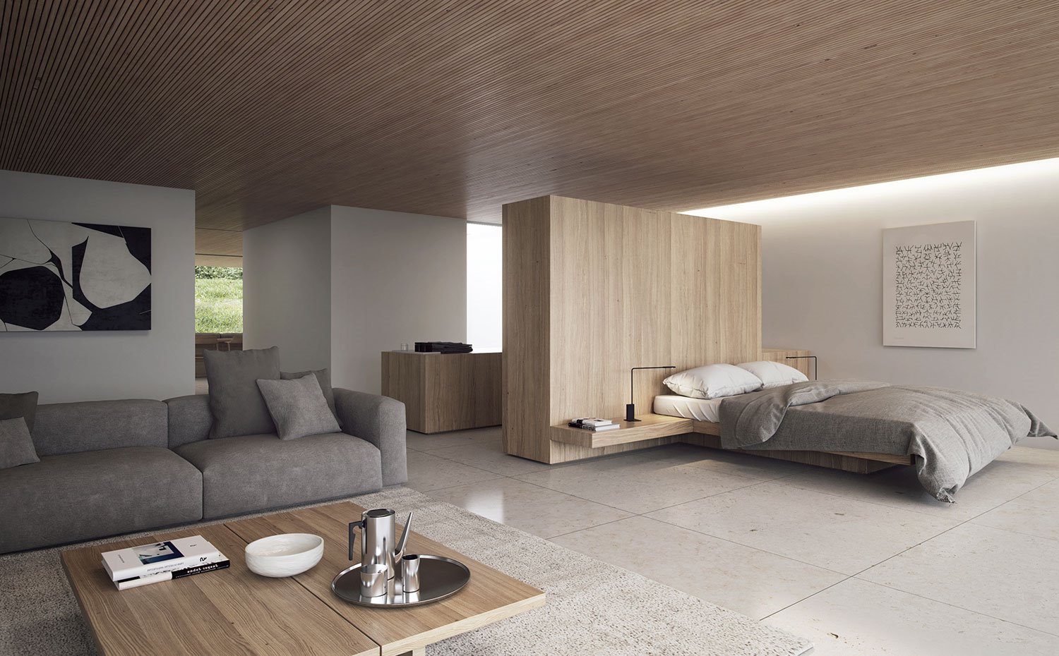 Suite con sofá tono piedra, mesa de centro de madera, alfombra beige, cama con somier, mueble suspendido mesilla y cabecero de madera, módulo vestidor