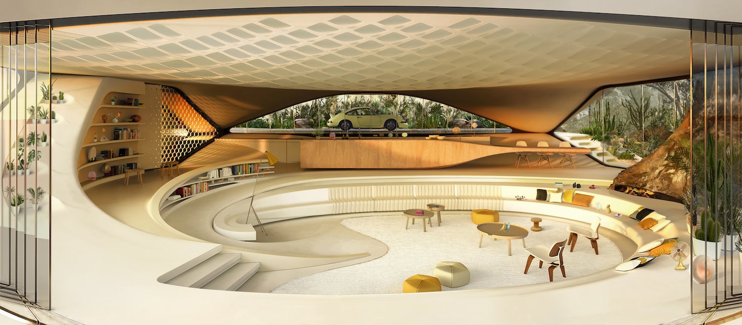 Vista general de una casa creada por David Ajchman.  El interior está bañado de luz natural, lo que aumenta la sensación de amplitud y proporciona vistas panorámicas desde sus imponentes cerramientos acristalados.