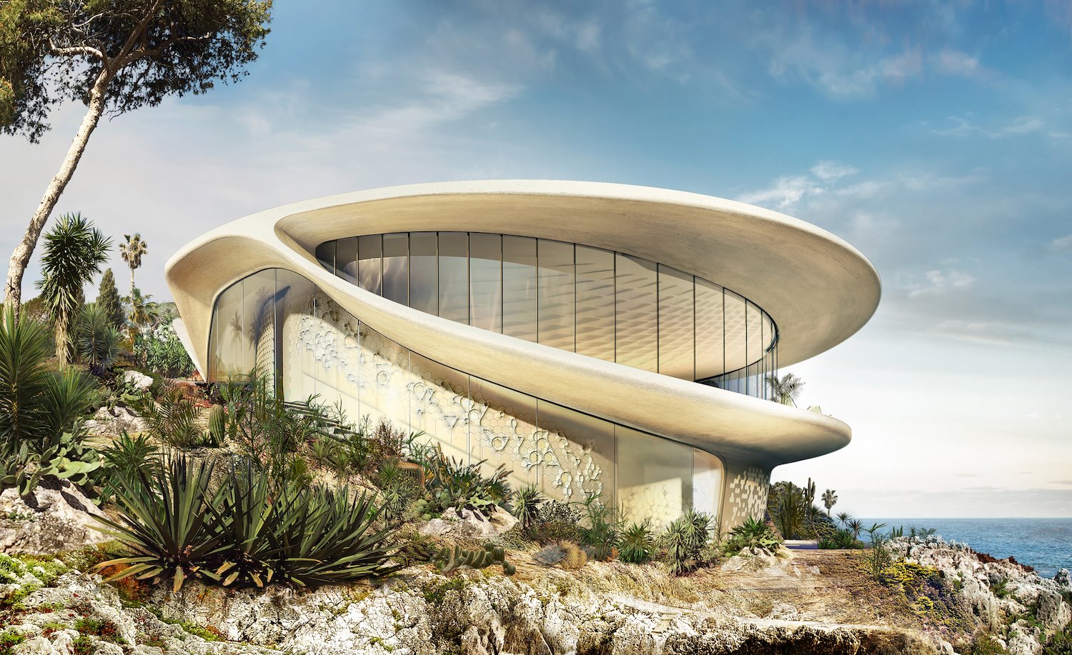 Vista exterior de una casa creada por David Ajchman.  El techo está diseñado para representar los movimientos de la marea con ondulaciones y bucles que parten desde la parte trasera y siguen por los laterales de la vivienda.