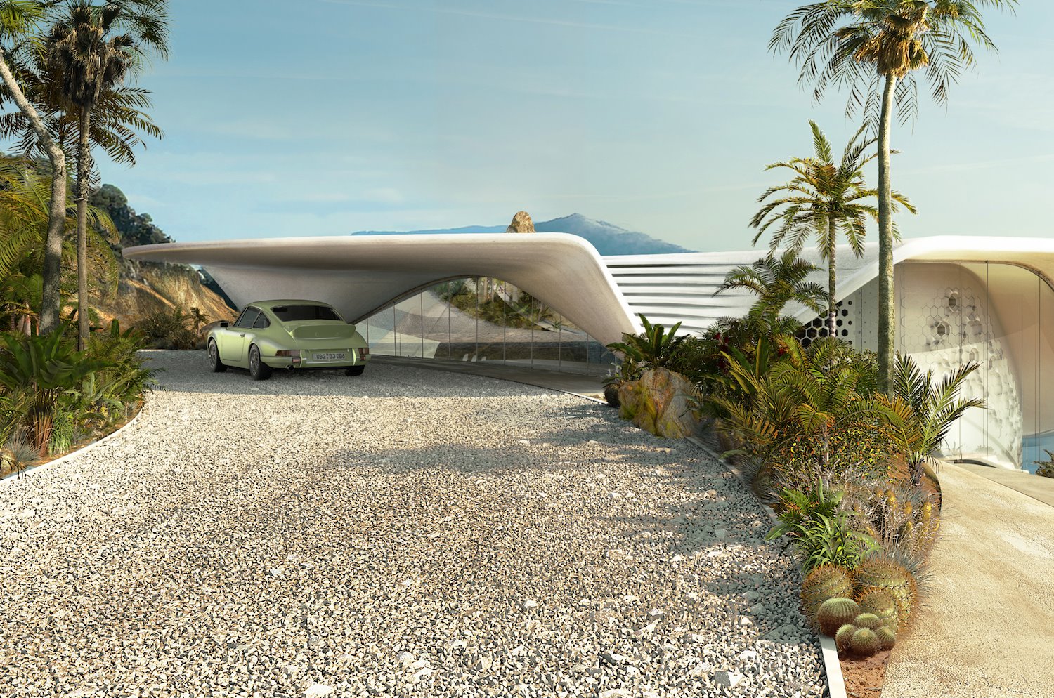 Parking de la casa creada por David Ajchman.  El techo también se hunde en un saliente en la parte delantera de la casa, junto a la entrada para proporcionar sombra al vehículo del propietario.
