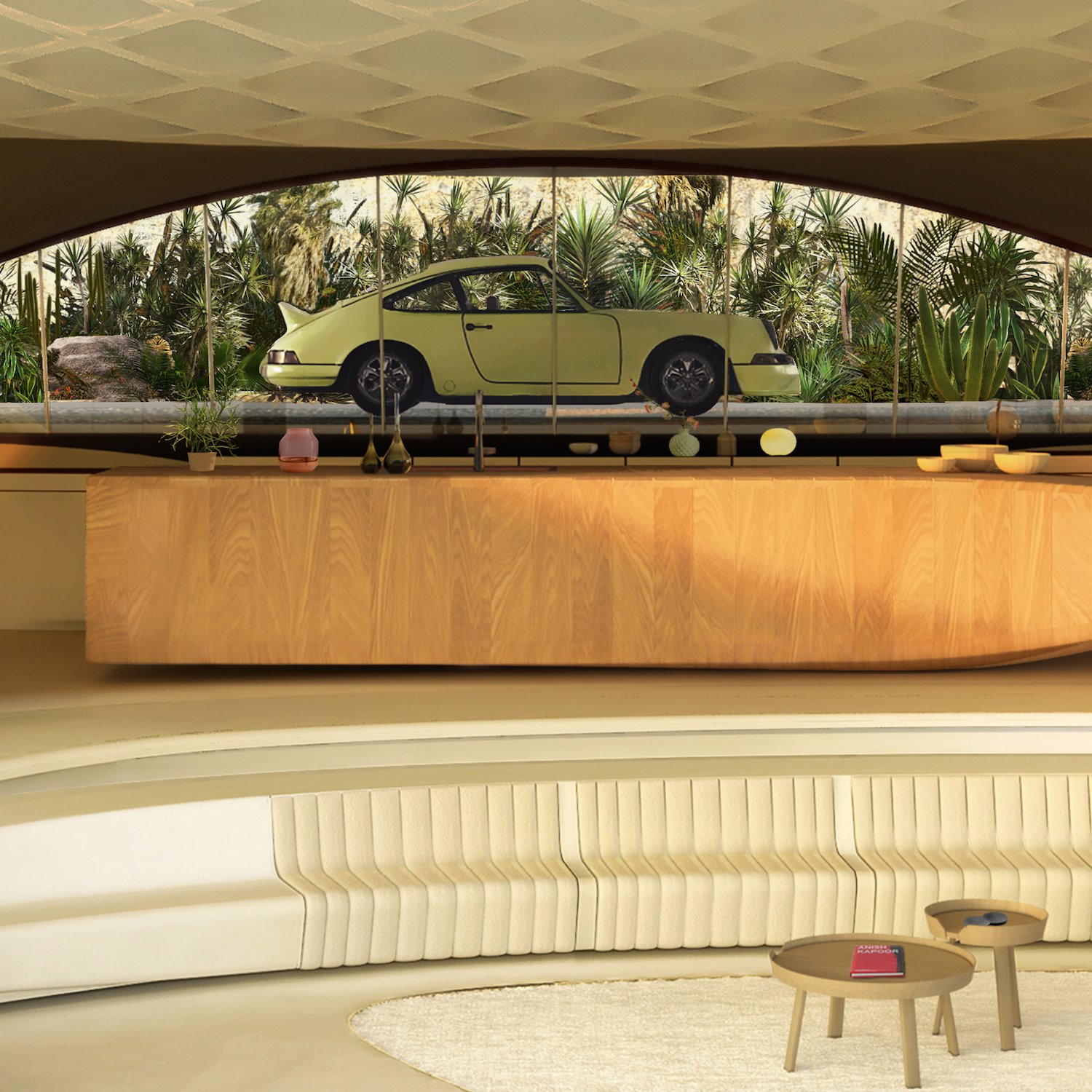 Coche en una casa de David Ajchman.  La ventana de la cocina se adapta a la silueta del coche, enmarcándola desde los espacios interiores y convirtiéndose en el contrapunto de las vertiginosas vistas que brinda el otro lado.