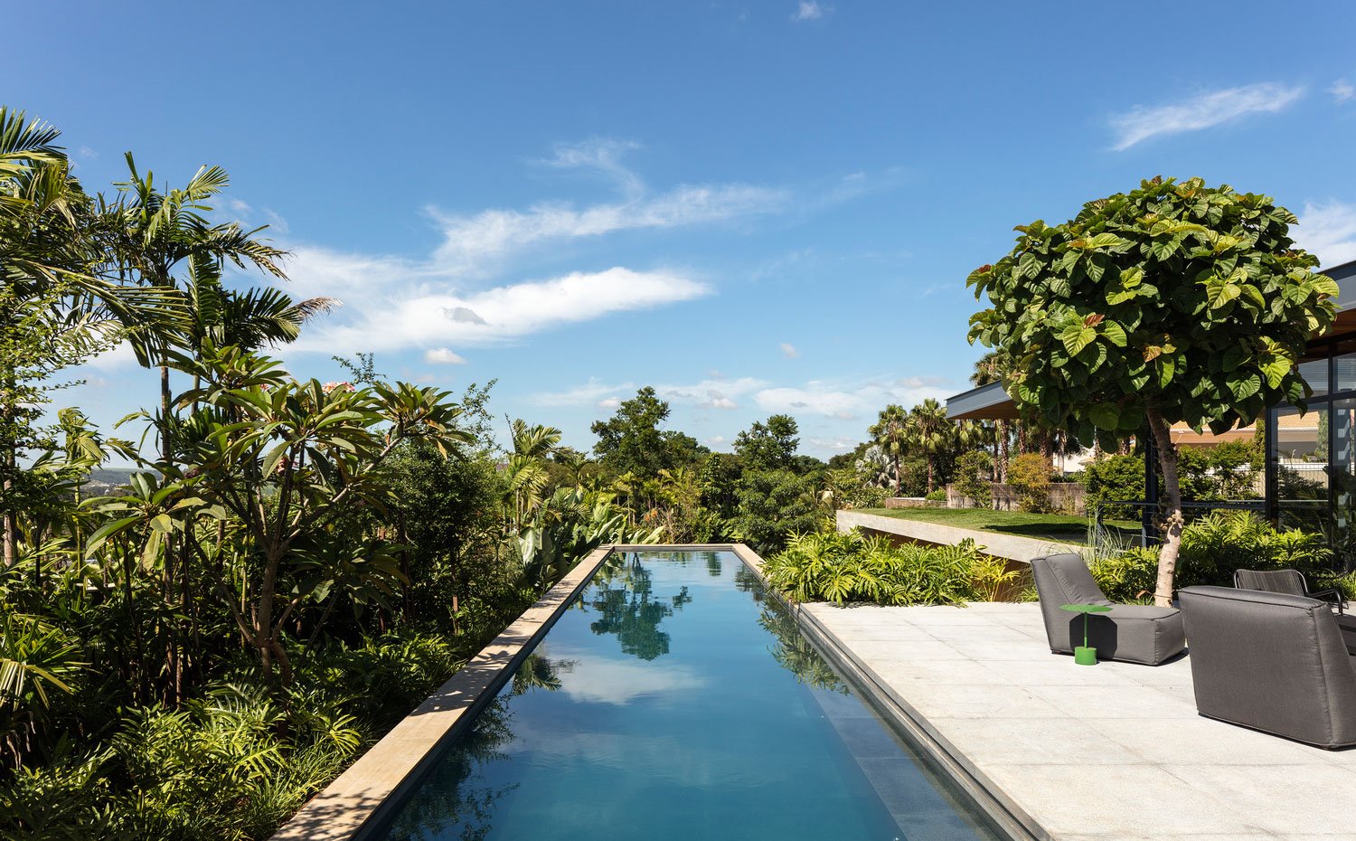 Piscina alargada exterior, vegetación tropical, terraza exterior con butacas grises, 