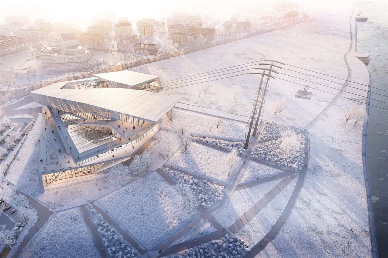El diseño del edificio evoca un gigantesco témpano de hielo en referencia a la espesa capa que cubre el río Amur durante los meses invernales y que facilita la conexión entre ambas orillas.