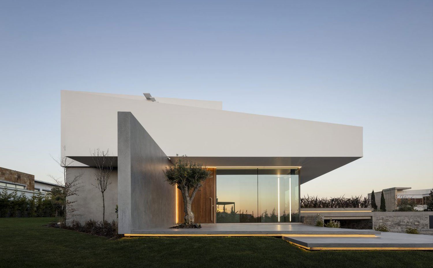 Puerta de acceso a vivienda desde lateral, puerta de madera, cerramiento cristal, muro divisorio con parte trasera, cubierta inclinada
