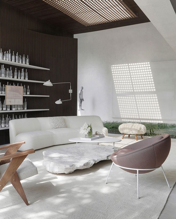 Salón con sofá blanco y butaca morada, estantería con botellas y pared alistonada, alfombra blanca y techo con lucernario y pantalla perforada