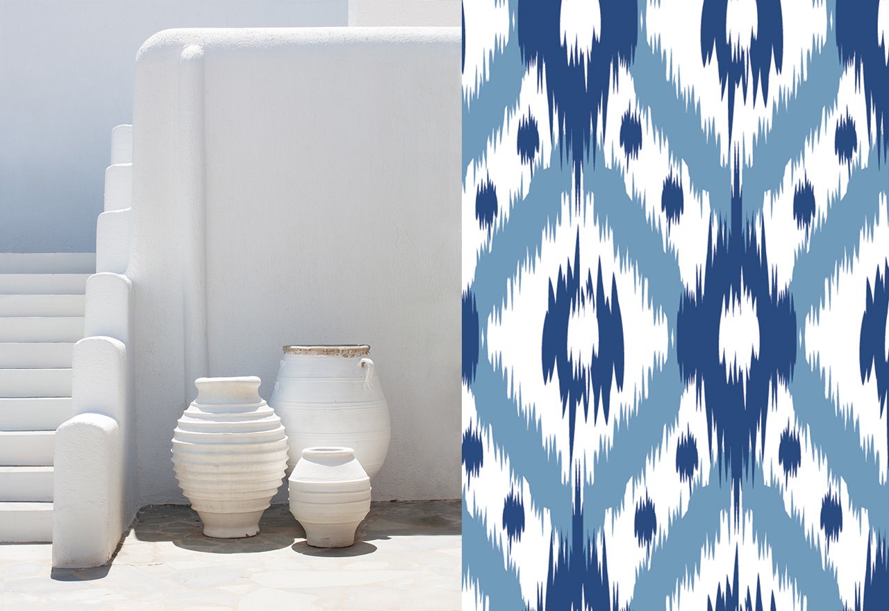 Arquitectura blanca y motivo estampado con ikat mallorquin
