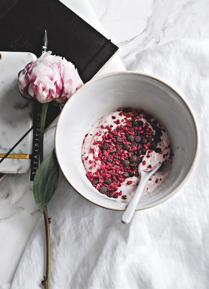 Plato de yogur con arandanos secos y chocolate