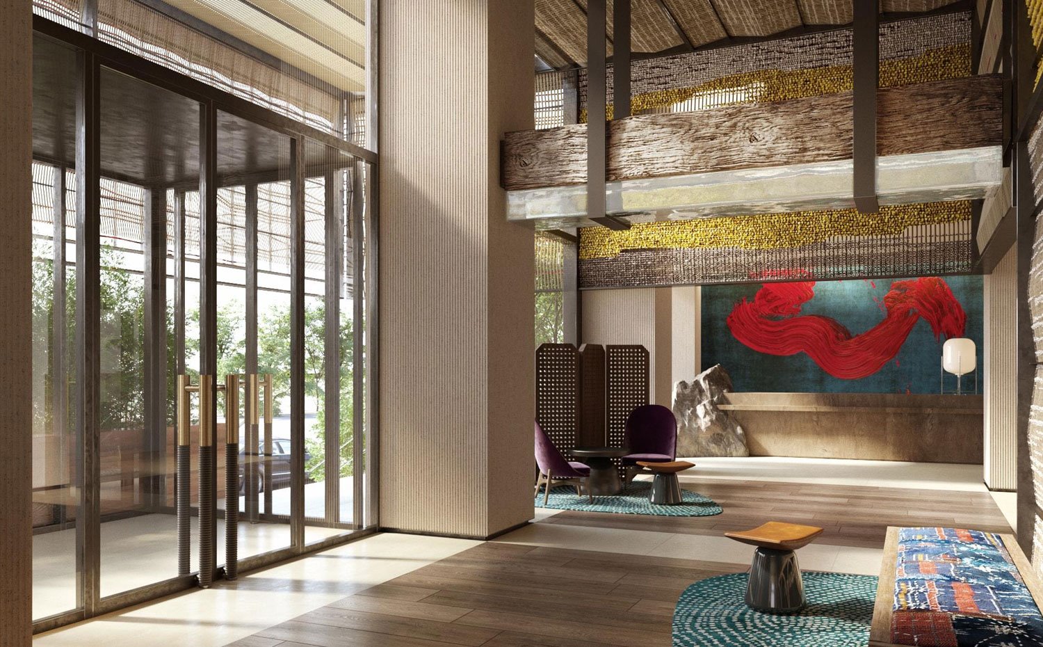 Vestíbulo hotel con mobiliario ecléctico y rico juego de texturas