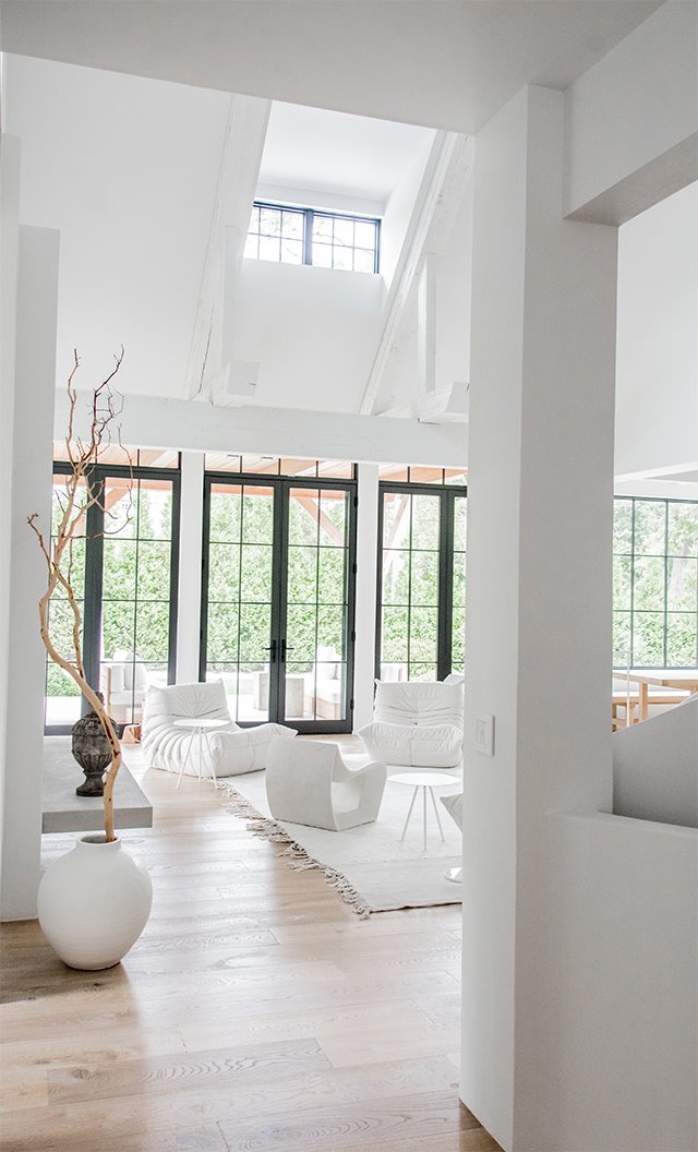 Salon blanco con muebles blancos y jarron con ramas