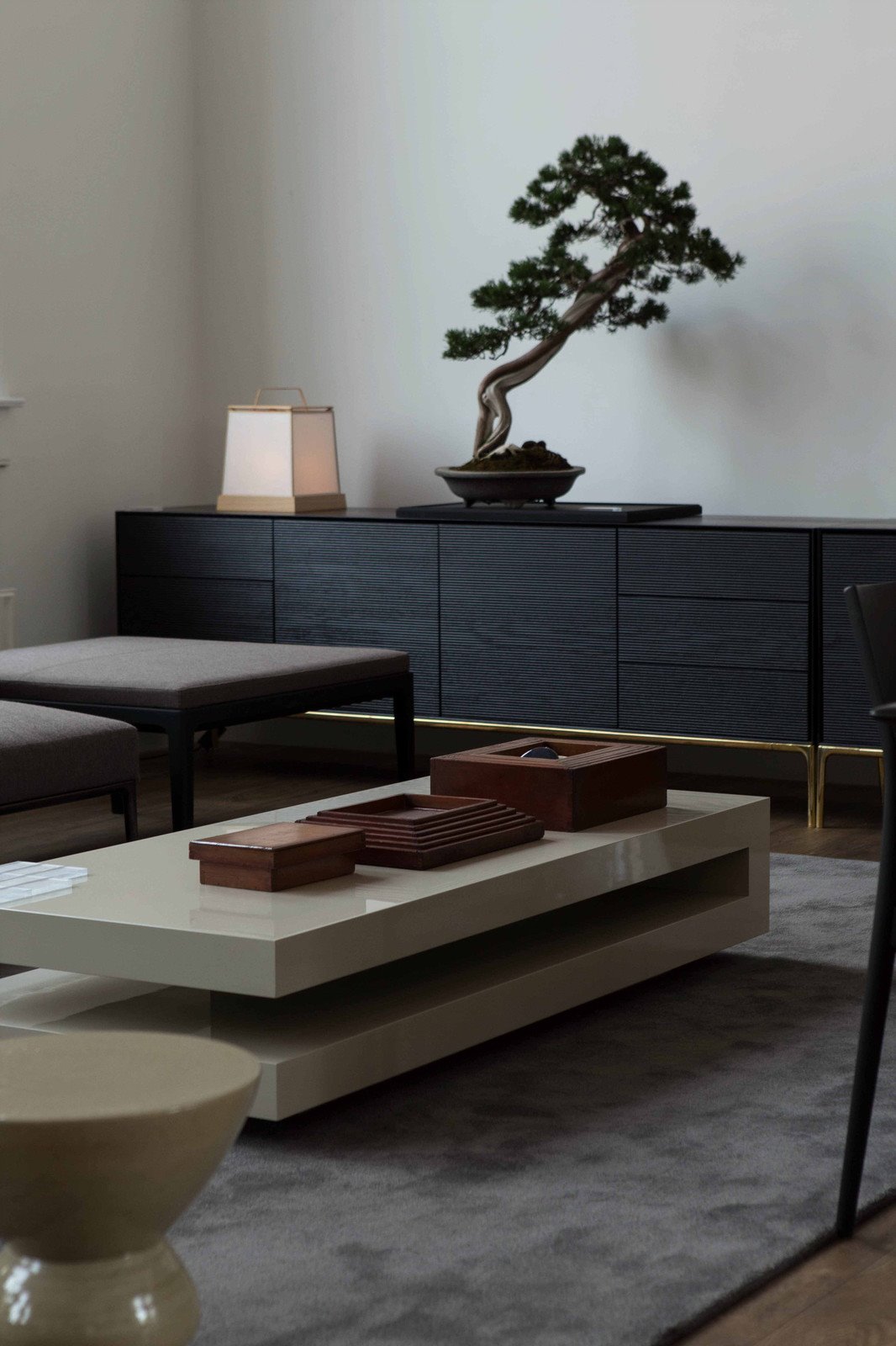 Tienda en Amsterdam de mobiliario moderno Time & Style creada por Kengo Kuma mesa de centro y bonsai