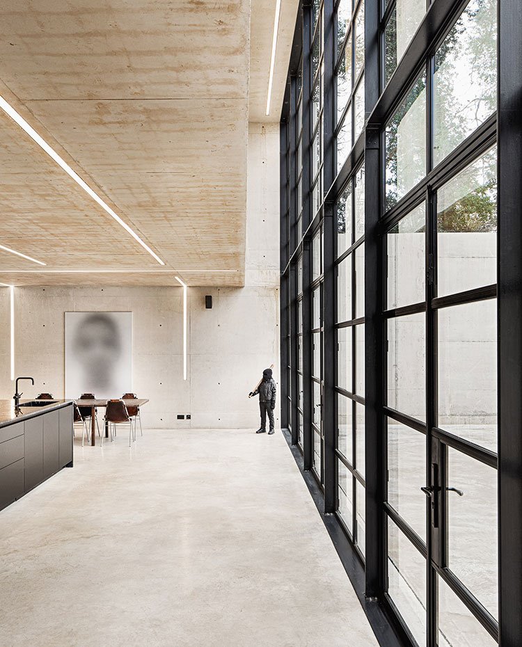 Cerramiento vertical de cirstal con perfilería metalizada, isla central de cocina con comedor
