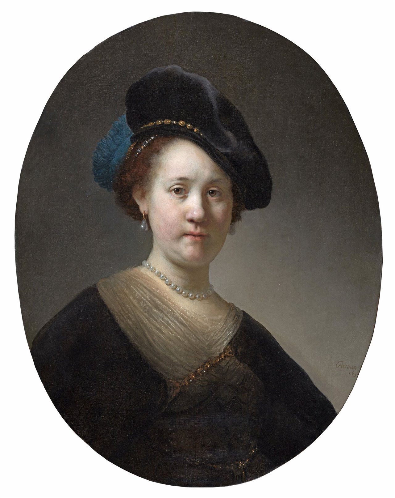 Rembrand Harmenszoon van Rijn. Mujer joven con gorra negra, probablmenete su hermana Lysbeth 163 (2). Ódelo sobre lienzo adherido a panel oval 68,7x53,5 cm. Firmado y fechado: "RHL. Van R.../ 163 (2) (lateral inferior derecho). Colección Abelló. Foto: Joaquín Cortés.