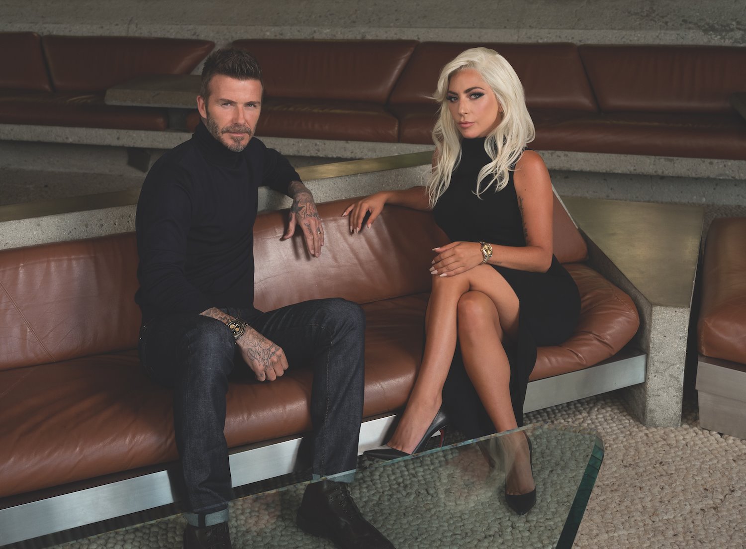 Lady Gaga y David Beckham en la casa Goldstein como imagen de la firma de relojes Tudor. Lady Gaga y David Beckham posan en la casa Goldstein como imagen de la firma de relojes Tudor