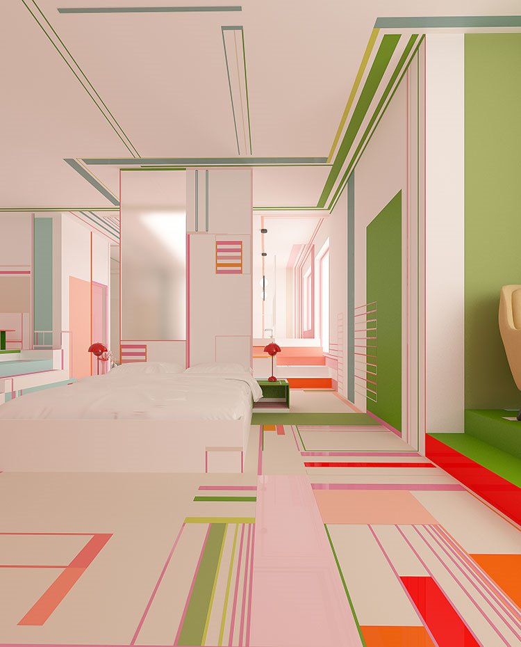 Cama en canapé, en blanco, con mesilla abierta en verde y luminaria roja, tabique de pared a modo de cabecero