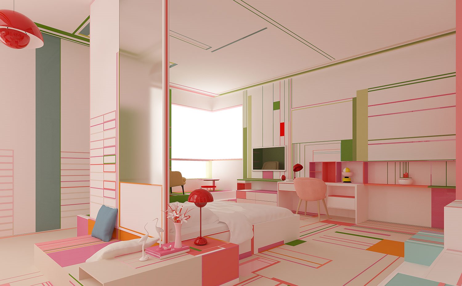 Dormitorio con escritorio a pared, silla rosa, lámpara de sobremesa roja
