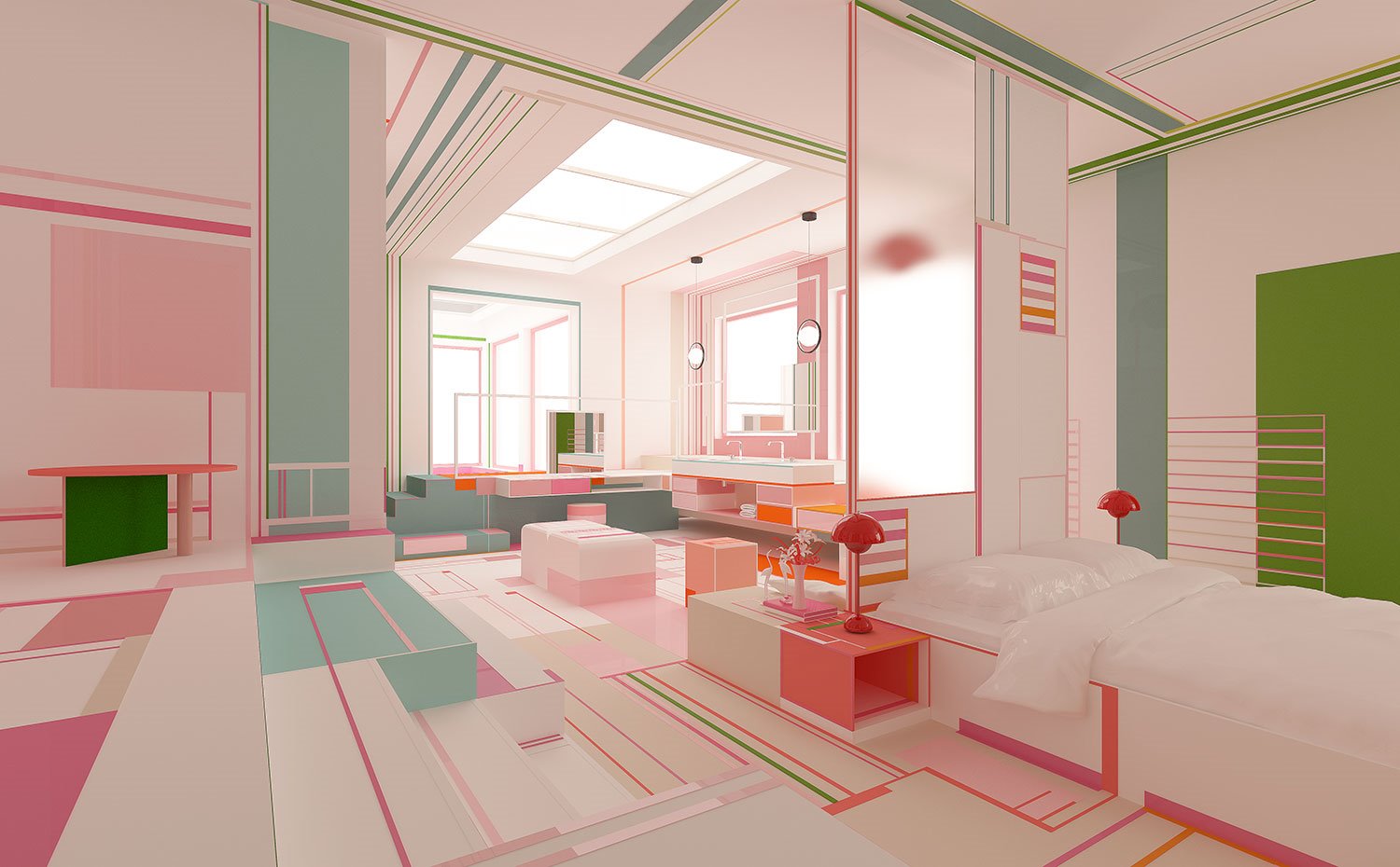 Espacio diáfano multicolor con zona de dormitorio, mesilla en rosa y zona de estar con tocador 