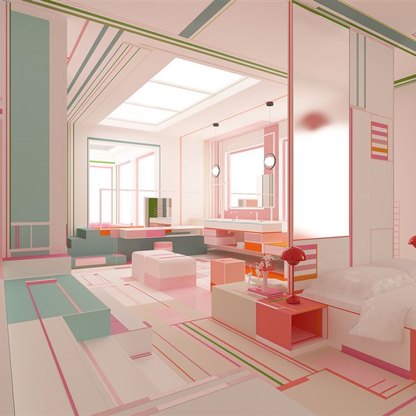 Espacio diáfano multicolor con zona de dormitorio, mesilla en rosa y zona de estar con tocador 