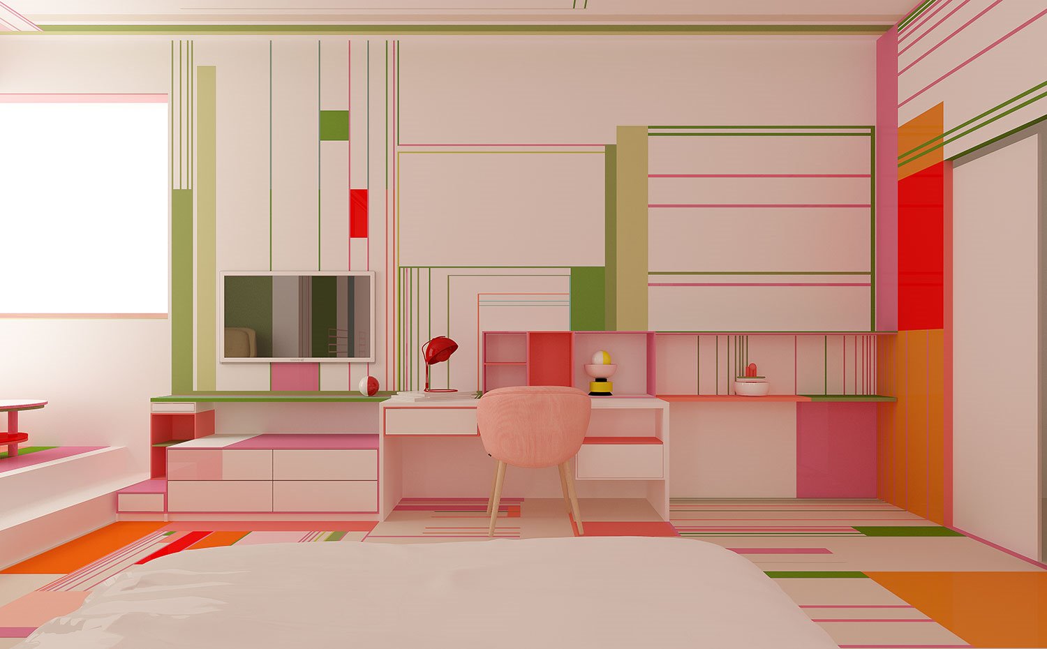 Frente de pared con zona de televisión y mueble baljo y zona de trabajo con silla tapizada en rosa