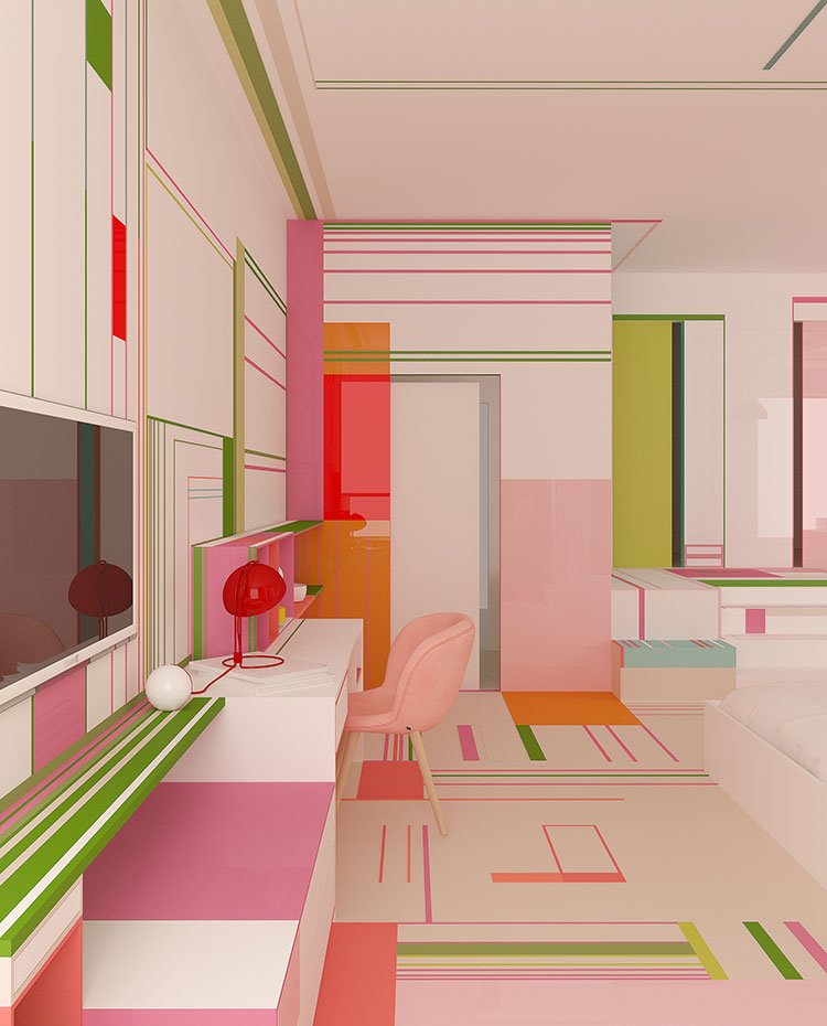 Mueble multicolor bajo televisor, zona de escritorio con asiento en rosa