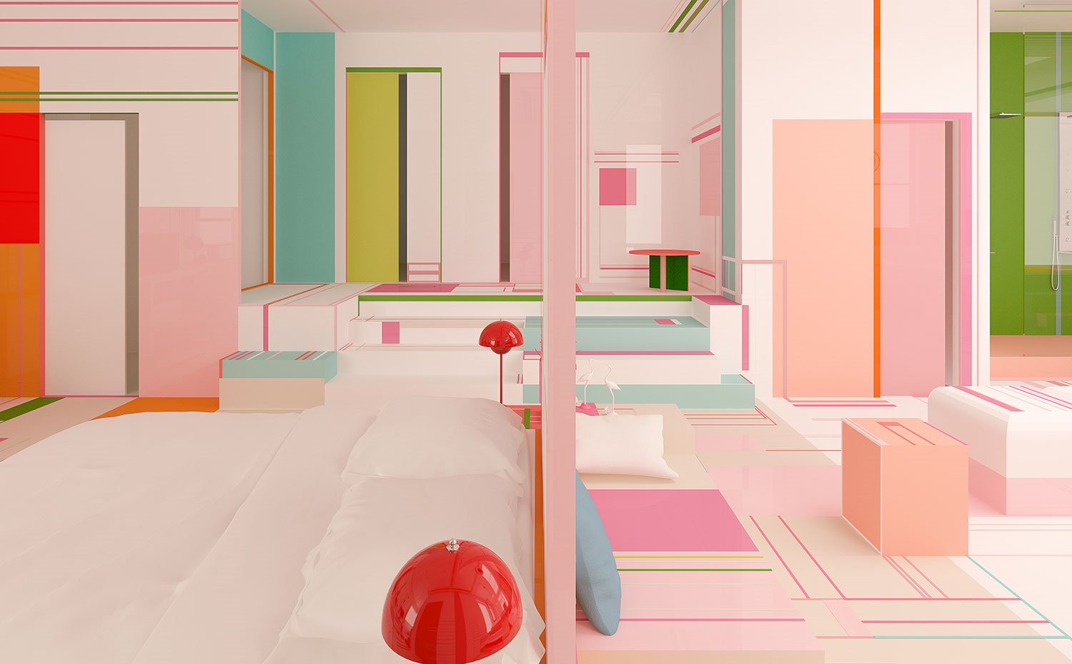 Panel divisor con perfilería en rosa entre zona de dormitorio y zona de estar